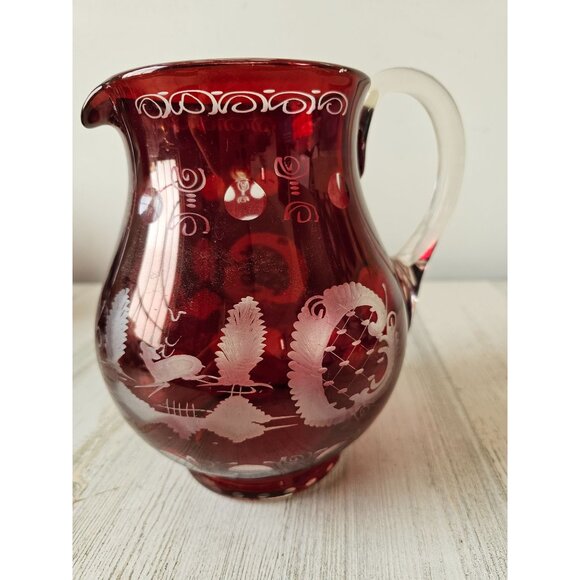 Vintage ergermann Bohemian red cut glass pitcher jug deer stag castle house scen - Picture 1 of 7